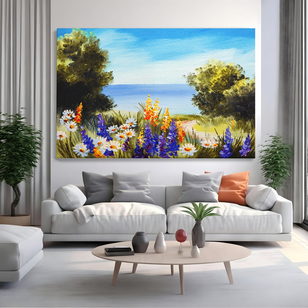 Tablou canvas cu tablou canvas cu peisaj marin si flori de camp, fara rama, pe sasiu de lemn, pe perete intr-un living